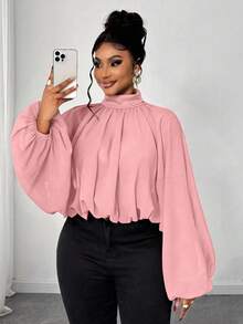 Maweii Blusa elegante de unicolor con volantes y mangas farol para tallas grandes, otoño - Rosa - Ver 1