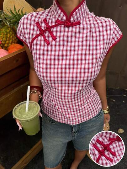 Muchica เสื้อยืดแขนสั้นคอจีนพิมพ์ลายสก๊อตสำหรับผู้หญิง