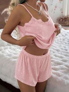 CottageSlumber Bộ đồ ngủ nữ, vải dệt kim gân, họa tiết trái tim phối ren, áo hai dây và quần short lãng mạn, ngọt ngào, dễ thương, gợi cảm. - Hồng - Xem 5