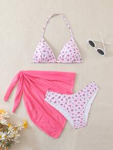 SHEIN Teen Girls 3 Pieces Pink Ditsy Floral Bikini Sets With Sarong Beach Cover-Up,Tie-Knot Bottoms & Skirt,Summer Holiday Bathing Suit Girl's Swimwear - Pink - View 3