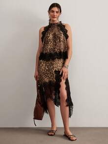 Freevana 大码女式豹纹蕾丝吊带上衣和高开衩裙两件套，时尚约会装扮 - 咖啡棕 - 查看 4