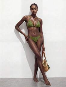 Maija Women's Halter Neck Spaghetti Strap Triangle Bikini Set,Glitter Sequin Textured 2 Pieces Bathing Suit,Olive Green Summer Casual Beach Vacation Holiday - Army Green - View 3