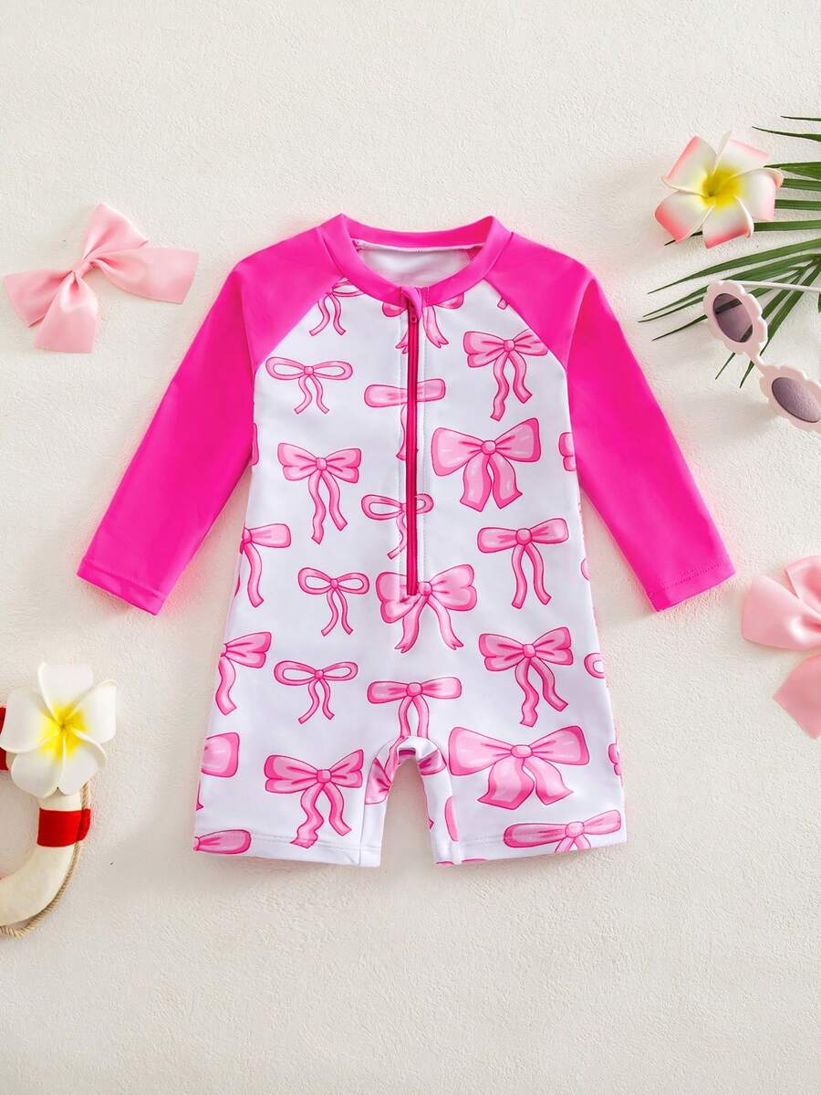 SHEIN 女婴蝴蝶印花荷叶边连体泳衣，适合海滩度假 - 玫紅色 - 查看 1