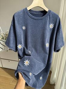 SHEIN EZwear 大码女式圆领花卉刺绣休闲百搭日常短袖T恤，夏季 - 藏蓝色 - 查看 8