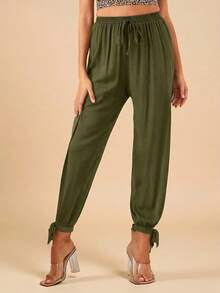 Travachic Split Thigh Knot Hem Solid Pants Spring Summer Clothing - Olive Green - View 3
