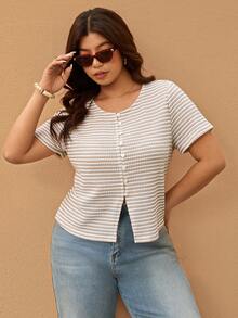 Elaquor Plus Size Women Striped Round Neck Short Sleeve Button Design Casual T-Shirt Knit Top Curve Tops Summer Spring/Summer For Vacation - Apricot - View 8