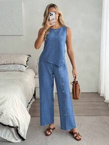 Louniche 两件套亚麻女士不对称下摆无袖上衣和裤子套装 - 藍色 - 查看 4