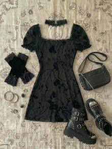 EgrlEra 女士性感紧身迷你连衣裙，系带腰身设计，植绒面料 - 黑色 - 查看 10