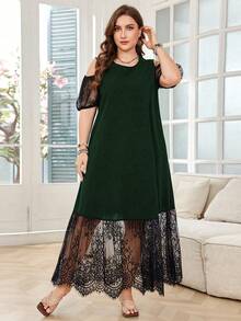 Lacomfia Vestido elegante de talla grande con encaje de contraste y hombros descubiertos, para verano - Verde - Ver 5