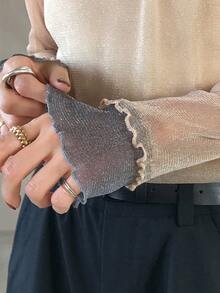 FRIFUL 女士撞色圆领长袖薄纱蕾丝拼接休闲百搭上衣，秋冬款 - 杏色 - 查看 6