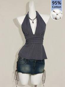 SHEIN ICON 95%纯棉女士露背吊带深V领褶皱A字型吊带背心，Y2K风格，度假装扮，沙滩装扮，锐舞装扮，夏威夷装扮，海岛度假装扮，春夏装扮，性感可爱椰子女孩，波西米亚风，音乐节，海岛女孩复古风，海滨度假，浪漫，度假氛围 - 彩色 - 查看 3