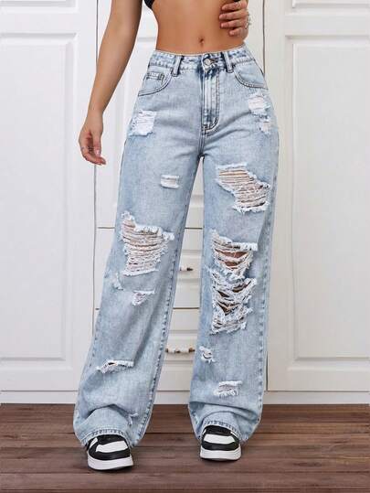 SHEIN ICON Women's Fashion Distressed Wide Leg Jeans