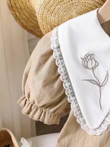 SHEIN Playful Pals Đầm babydodo tay cánh hoa thêu hoa mùa hè giản dị cho bé gái - Màu Khaki - Xem 4