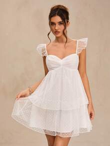 SHEIN BAE Đầm ngắn màu trắng trơn cổ chữ M xếp ly nhiều tầng hở lưng thắt nơ, thích hợp cho mùa xuân/hè, đầm trắng, đầm đi học, đầm dự đám cưới, đầm sinh nhật. - trắng - Xem 6