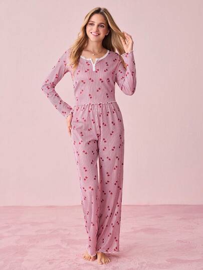 Bonmuse Women's Knitted Jacquard Heart Print Lace Trim Square Neck Collar Long Sleeve Pajama Set
