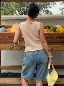 Muchica Women's Sleeveless Hollow-Out Sexy Knit Top With Button Design - Camel - View 2