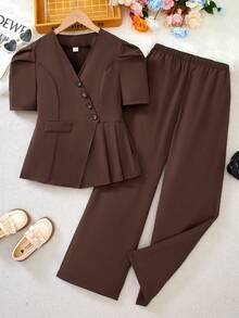 Elladie kids Bộ áo thun ngắn tay cổ chữ V màu trơn dành cho nữ tuổi teen và quần dài. - Cà phê nâu - Xem 9