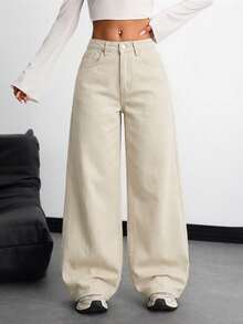 SHEIN Teen Girls' Casual Y2K Comfortable Loose Fit Wide Leg Jeans Fall Winter,Dailywear, Streetwear,Halloween,Christmas,Winter - Apricot - View 1