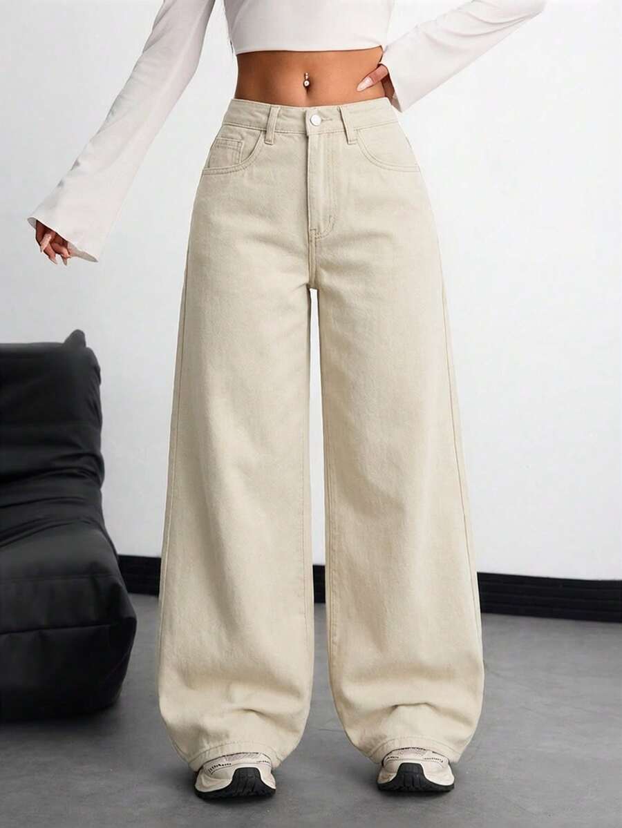 SHEIN Teen Girls' Casual Y2K Comfortable Loose Fit Wide Leg Jeans Fall Winter,Dailywear, Streetwear,Halloween,Christmas,Winter - Apricot - View 1