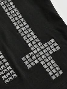 ROMWE Grunge Punk Women's Cross Studded & Rhinestone Y2K Punk Street Tight Fit Baby Tee - Black - View 4