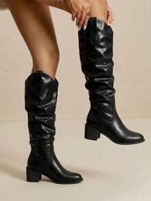 Daringsoles 女士黑色褶皱休闲时尚中筒靴 - 黑色 - 查看 6
