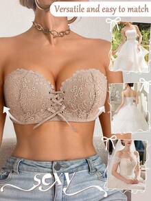 1 chiếc áo ngực không gọng, ren, có đệm dành cho nữ, thoải mái và nâng đỡ tốt, màu đen. - Màu Khaki - Xem 6
