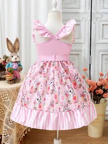 SHEIN Young Girl' Fashionable Sweet Spaghetti Strap Ruffle Hem Rabbit Patchwork Striped Cinched Waist Waist Summer Dress - Pink - View 2