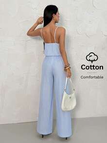 SHEIN PETITE Bộ đồ nữ dệt sọc kẻ, kiểu dáng thường ngày, thích hợp cho kỳ nghỉ xuân/hè. - Xanh và trắng - Xem 2