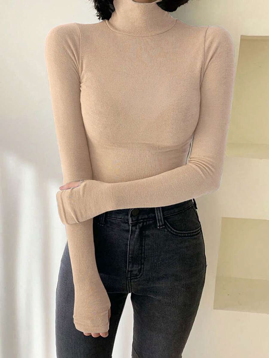 DAZY 女士长袖立领T恤，秋季女装立领女装 - 杏色 - 查看 1