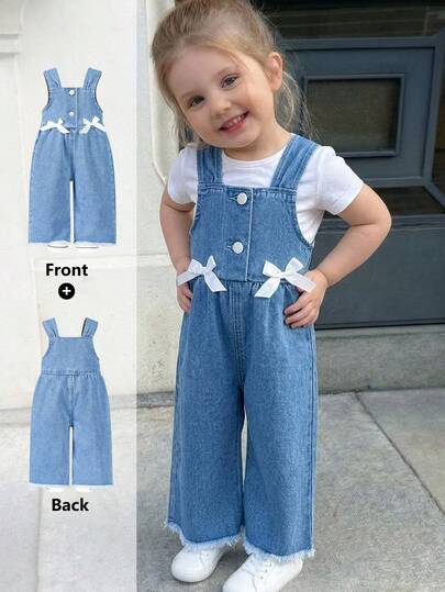 Toddler Girls' Casual Fashionable Vintage Sweet Cute Blue Washed Waist Bow Decor Denim Bib Pants