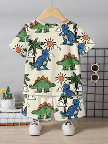 两件套男童恐龙印花圆领短袖T恤和短裤，休闲日常穿搭 - 彩色 - 查看 5