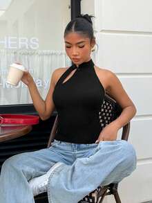 Muchica Women's Black Buttoned Collar Knit Top - Black - View 5