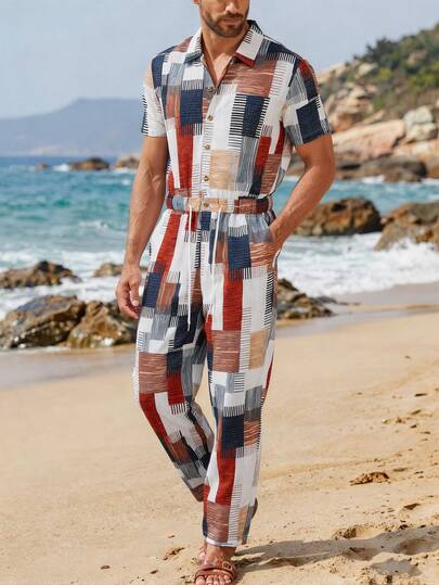 VENTUSAIL 男士休闲格纹连体裤，采用轻盈透气的亚麻面料，宽松版型，腰部抽绳设计，适合四季穿着，可用于海滩和户外运动，简约风格，面料柔软……