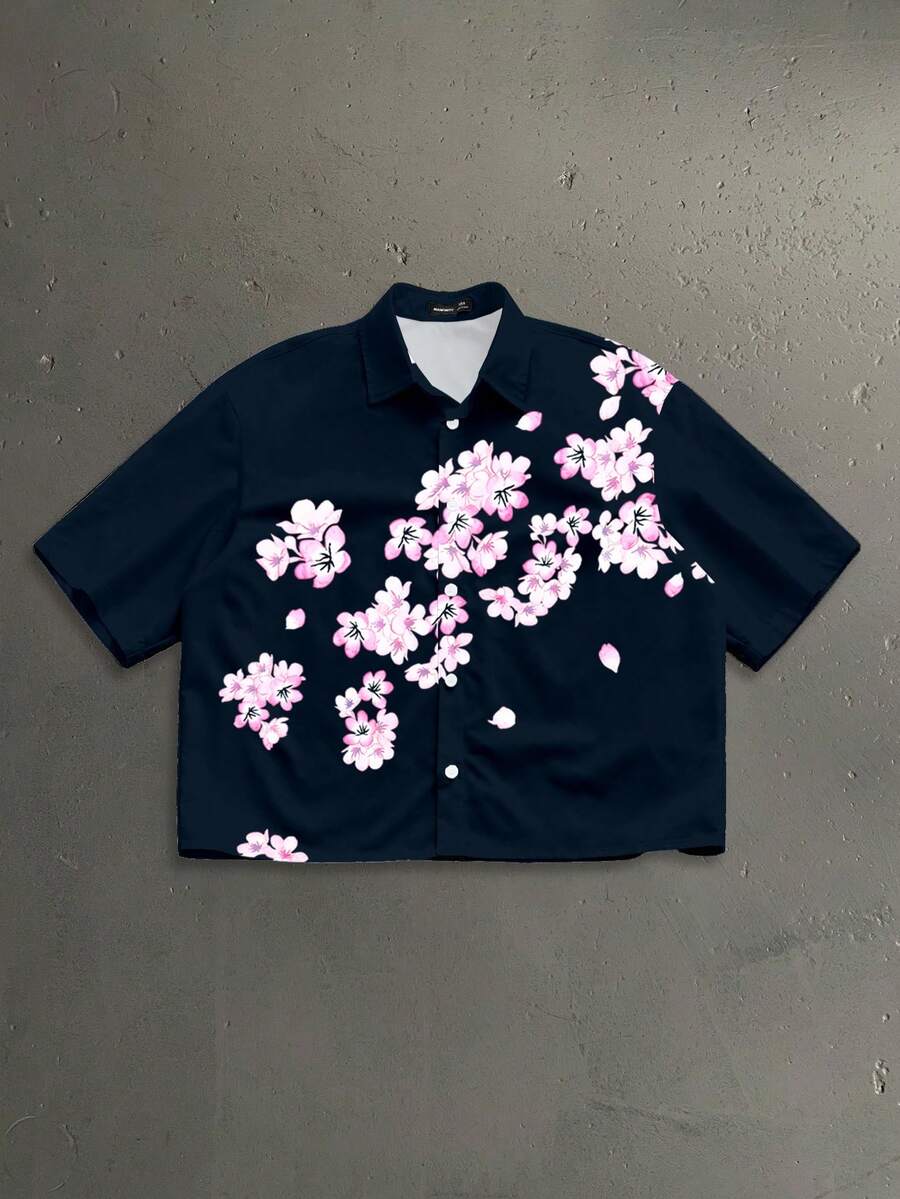 StoneGrade 复古日式樱花印花短款宽松短袖衬衫，时尚休闲穿搭，约会聚会必备，适合作为男友礼物 - 藏蓝色 - 查看 1