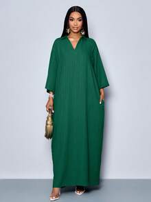 SOLERSUN 女士时尚V领宽松蝙蝠袖无腰带连衣裙，适合假日穿着，女士长款套装 - 墨綠色 - 查看 6