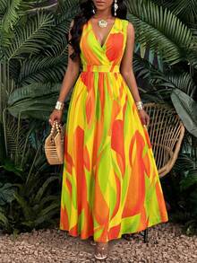 SOLERSUN Đầm maxi dáng xòe in họa tiết nhiệt đới, cổ chữ V, cạp chun, chất liệu dệt kim. Trang phục nữ. - trái cam - Xem 5