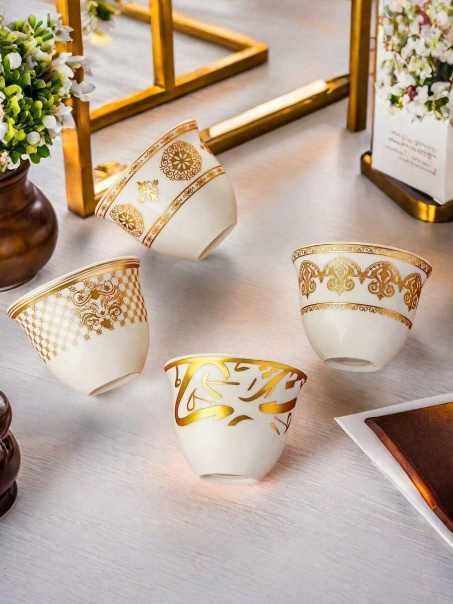 Bộ 6 cốc sứ nhỏ kiểu Trung Đông, phong cách tối giản cổ điển, thích hợp cho các bữa tiệc, với nhiều họa tiết để lựa chọn bao gồm chữ Ba Tư, hoa hướng dương, dây leo và vương miện; cốc cà phê Ramadan 60ml, món quà ngày lễ Ramadan. - Nhiều màu - Xem 1