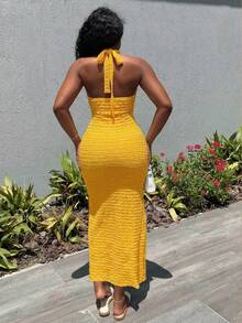 SHEIN BamGlam 2026 Nuevo vestido largo de moda para mujer, escote en V profundo, diseño de abertura alta, tela texturizada, estilo de vacaciones, adecuado para playas y fiestas. - Amarillo - Ver 2