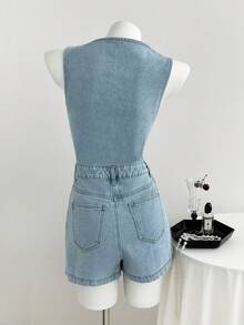 Elamini Y2K Fashion Casual V-Neck Denim Romper - Light Wash - View 2