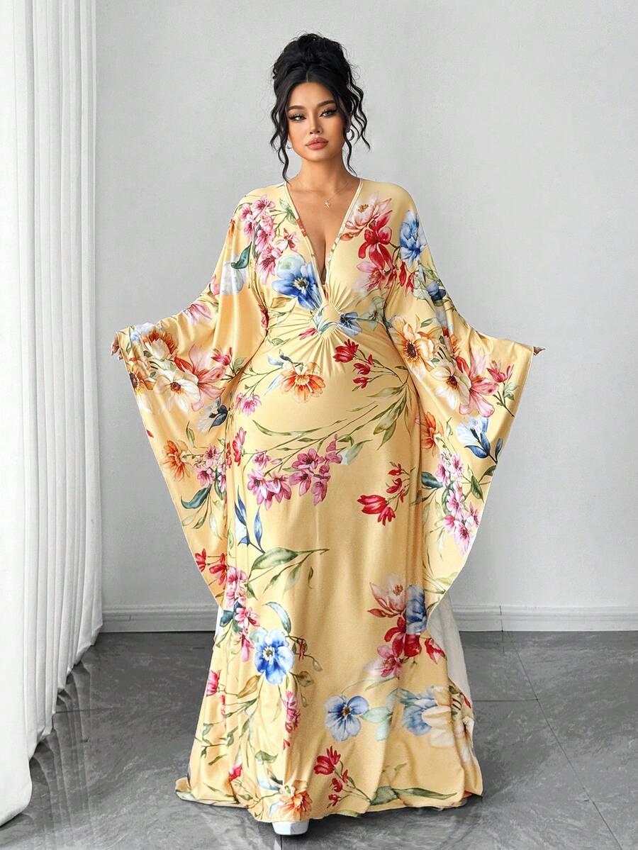 Elenzga Đầm dài tay dệt kim co giãn cao cấp màu vàng nền in họa tiết hoa lớn, dáng rộng, dành cho nữ cỡ lớn, đầm hoa cỡ lớn, áo kaftan cho nữ, đầm hè cho nữ, đầm quấn cho phụ nữ - Màu vàng - Xem 1