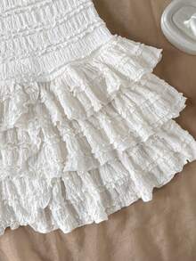 SHEIN 少女简约优雅白色立领无袖褶皱A字长连衣裙，适合日常通勤 - 白色 - 查看 7