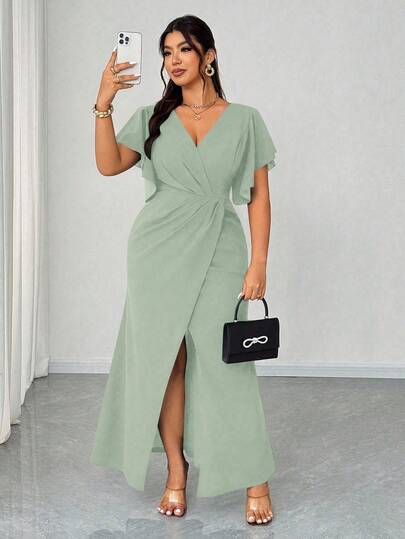 Elenzga Plus Size Lightweight Formal Dress, Elegant Romantic Mermaid Hem Dress With V-Neck, Ruffle Sleeves, Suitable For Wedding Guest, Party, Banquet Wrap Around Dresses For Ladies Women Elegant Outfits Women's Dress Formal Wear Women Casual Dresses Women Dresses Elegant Classic