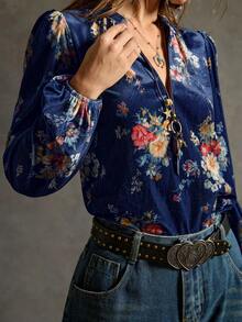 SoleilVie 女士V领碎花黑色丝绒衬衫 女士上衣和衬衫 波西米亚风女装 波西米亚风女装 波西米亚风女装 女士西部风女装 - 藍色 - 查看 5