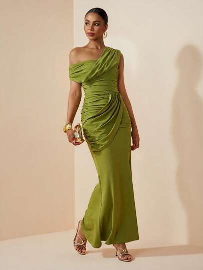 Zivah 2026 Spring/Summer New Music Festival, Easter, St. Patrick's Day, Valentine's Day, Date, Western, Nomadic, Birthday Party, Graduation, College Style, Student, Daily Wear, Basic Versatile, Casual, Vacation, Cruise Travel, Beach, Sunbathing, Viral , Streetwear, Wedding Guest Boho, Commute, Brunch, Airport, Party, Holiday Outing, Office Wear, Asymmetric Twist Ruched Overlap Maxi Dress, Green Maxi Dress