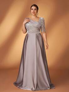 Serin 大码优雅奢华香槟色亮片刺绣拼接缎面不对称领短袖A字连衣裙，适合各种正式场合，新娘母亲礼服 - 香檳色 - 查看 7