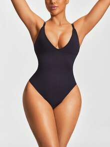 SHAPORA 女士纯色深 V 领吊带背心 - 黑色 - 查看 3