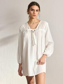 Ocili Đầm dài tay cổ chữ V xoắn màu trơn dành cho nữ, thích hợp mặc ở nhà. - trắng - Xem 5