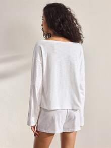 Ocili Bộ đồ ngủ 2 món bằng cotton mềm mại, tay dài, cài khuy giả, gồm quần short và áo sơ mi, kiểu dáng giản dị, thoải mái dành cho nữ. - trắng - Xem 3