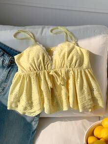 Comfortcana Women's Hollow Out Embroidery Front Tie Casual Camisole Top - Yellow - View 6