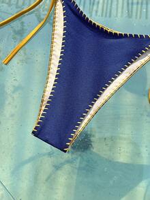 Swim Mod Elastic Denim Effect Women's Swimwear Set, Sexy Halter Triangle Bikini 2-Piece, Suitable For Island, Beach, Pool Party, Cruise, Casual & Versatile - Navy Blue - View 4